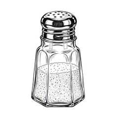A detailed line art drawing of a clear glass salt shaker with a silver metal cap. The shaker is filled with salt granules and is isolated on a white background.