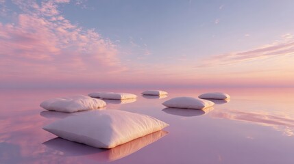 Group of white pillows floating on top of a body of water. the sky is a beautiful pink and blue color with a few wispy clouds scattered across it.