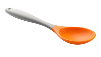 Silicone cooking spoon with orange head and grey handle, kitchen utensil isolated on transparent background