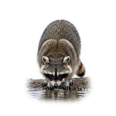 A close-up shot of a raccoon drinking water from a puddle. The raccoon is isolated against a clean white background, highlighting its fur texture and facial markings.