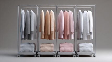 Clothes rack with four rows of clothes hanging on it. the rack is made of metal and has four wheels, allowing it to be moved around easily.