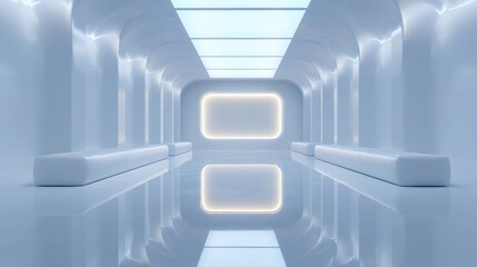 Modern and futuristic interior space with a high ceiling and a skylight. the walls are painted in a light blue color and the floor is made of white tiles.