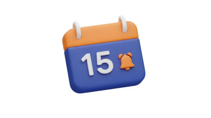3d calendar icon with number 15 and notification bell isolated on transparent background