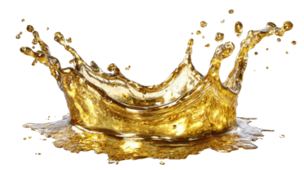 Golden liquid splash with droplets creating a crown shape, reflecting light on a transparent background