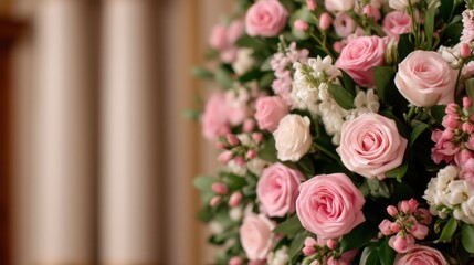 Wedding ceremony planning, A vibrant arrangement of pink roses and delicate white flowers, beautifully displayed against a soft background, evoking a sense of elegance and tranquility.