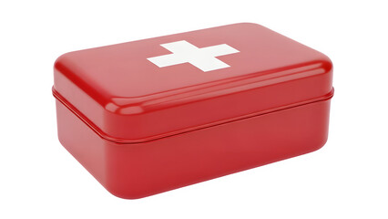 Red first aid kit box with white cross symbol isolated on transparent background