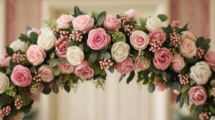 Wedding ceremony planning, A beautiful arrangement of pink and white roses, accented with greenery and berries, creating an elegant floral arch.