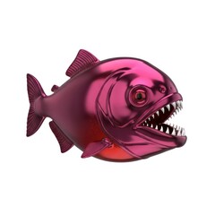 A 3D rendered metallic pink piranha fish with sharp teeth and intense red eyes, isolated against a clean white background.