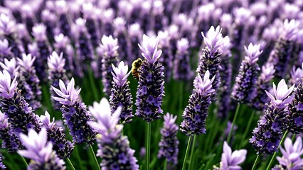 Obraz premium Detailed Macro of a Honeybee on Vibrant Purple Lavender Stems in a Sunny Summer Meadow