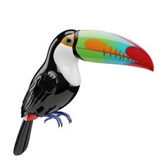 Vibrant Toucan Bird Perched Against a Clean White Background Featuring a Large Rainbow Colored Beak and Glossy Black Plumage 