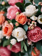 Wedding ceremony planning, A vibrant bouquet featuring roses in shades of pink, coral, and white, surrounded by lush green leaves and small buds, creating a fresh and elegant floral arrangement.