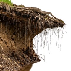 Close-up view of an exposed earth bank revealing a complex network of roots. Fine soil strands hang from the edge, creating a delicate, textured appearance against a clean white background.