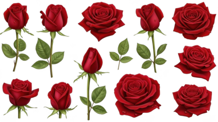A vibrant collection of realistically rendered, deep crimson red roses in various stages of bloom, showcasing lush green foliage and delicate water droplets,, isolated on transparent background.