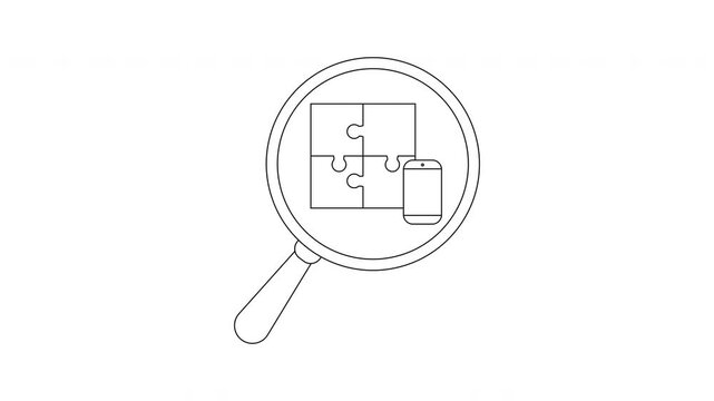 A magnifying glass focuses on a puzzle of four pieces  a smartphone
