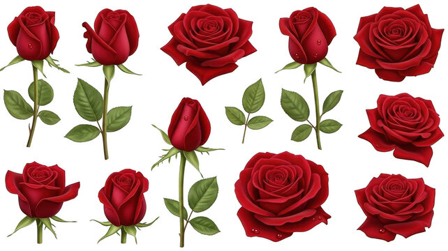 A vibrant collection of realistically rendered, deep crimson red roses in various stages of bloom, showcasing lush green foliage and delicate water droplets,, isolated on transparent background. - Powered by Adobe