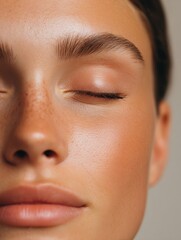 Wedding ceremony planning, A close-up of a serene face with natural features, showcasing smooth skin, subtle freckles, and relaxed expression.