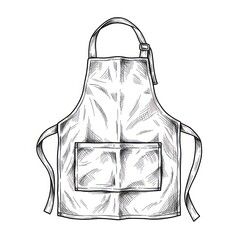 A hand-drawn sketch of a classic apron on a white background. Features a front pocket and adjustable straps.