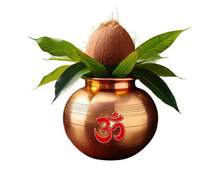ornamental gold pot with the red Om symbol on it. Green mango leaves and a coconut are on top of the pot. Hindu rituals make use of the pot symbolism, cut out