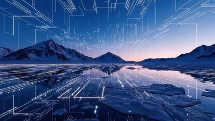 Futuristic icy landscape with snow-capped mountains and digital grid overlay