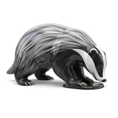 A detailed 3D illustration of a badger on a white background. The animal has distinctive black, white, and gray striped fur and is depicted in a curious pose, sniffing the ground.