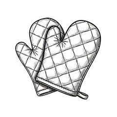 A hand-drawn sketch of two quilted oven mitts shaped like hearts, crossed over each other. The illustration is in a vintage style with detailed stitching and isolated on a white background.