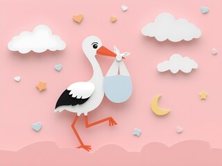 Baby cartoon stork illustration carrying bundle for newborn celebration - baby shower