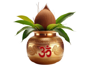 ornamental gold pot with the red Om symbol on it. Green mango leaves and a coconut are on top of the pot. Hindu rituals make use of the pot symbolism, cut out