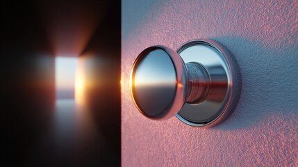 Close-up of a door knob on a pink wall. the knob is round and has a silver finish. it is attached to the wall with a round base and a cylindrical knob in the center.