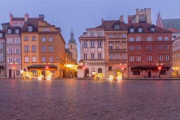 Old Town Buildings in Warsaw Poland with Christmas Lights