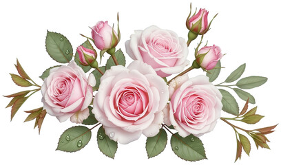 A lush and vibrant arrangement of delicate pink roses in full bloom and tightly closed buds, presented in a naturalistic floral style with glossy green leaves, isolated on transparent background.