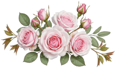 A lush and vibrant arrangement of delicate pink roses in full bloom and tightly closed buds, presented in a naturalistic floral style with glossy green leaves, isolated on transparent background.