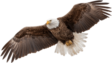 Bald eagle flying with wings spread, isolated on transparent background, symbolizing freedom, power, and wildlife