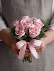Wedding ceremony planning, A delicate bouquet of pink roses tied with a ribbon, held by a person in a gray apron, exuding elegance and charm.