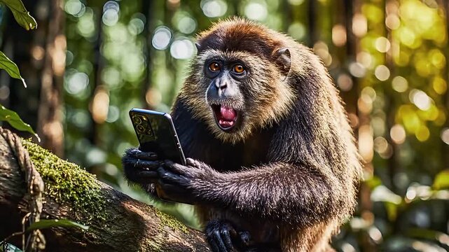 A curious howler monkey intently uses a smartphone while sitting on a mossy tree branch