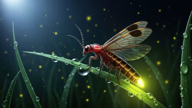 Firefly on dewy leaf