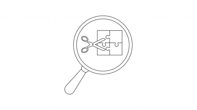 Black and white drawing of a magnifying glass over a puzzle and scissors suggesting fragmentation or deconstruction