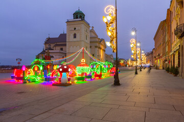 Old Town Buildings in Warsaw Poland with Christmas Lights