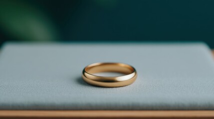 Wedding ceremony planning, A simple gold ring rests on a textured surface, showcasing elegance and minimalism against a soft-focus background.