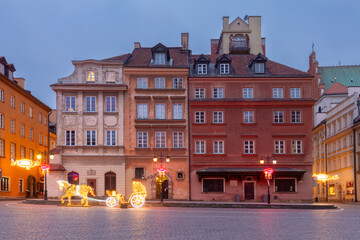 Old Town Buildings in Warsaw Poland with Christmas Lights