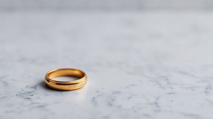 Wedding ceremony planning, A simple golden wedding ring rests on a marble surface, symbolizing love and commitment in a minimalistic setting.