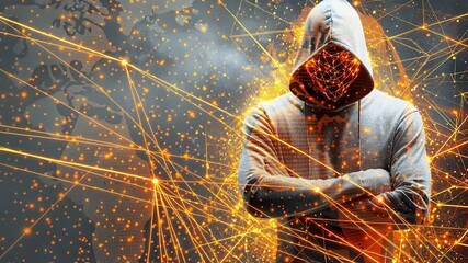 Hacker are planning to hack and attack networks and cyber security systems and stands on the peak of success amid tall, innovative Smart city and graphs with statistics to analyze business potential - Powered by Adobe