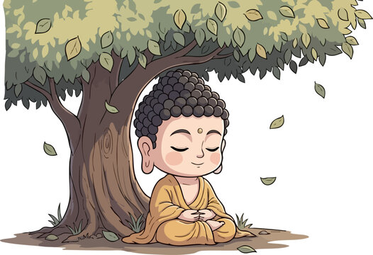 Cute Cartoon Buddha Meditating Peacefully Under a Tree.