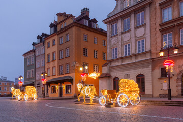 Old Town Buildings in Warsaw Poland with Christmas Lights