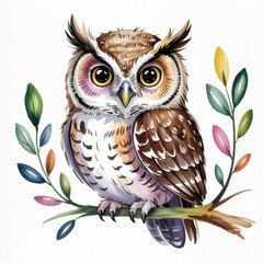 Watercolor Illustration of an Owl Sitting on a Branch With Colorful Leaves