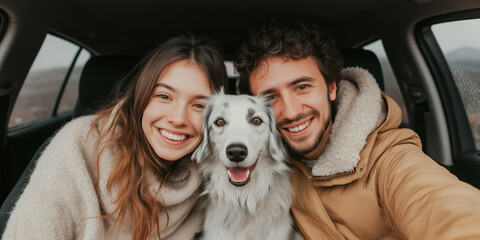 Happy young couple and dog taking a selfie inside car, enjoying winter road trip, pet friendly travel