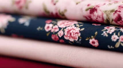 Wedding ceremony planning, A close-up of folded fabric featuring floral patterns in soft pink and navy hues, showcasing textures and vibrant designs.