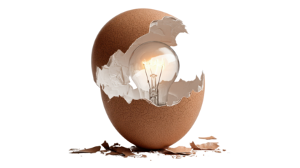 Glowing light bulb hatching from a cracked egg, symbolizing new idea development and innovation birth, transparent background