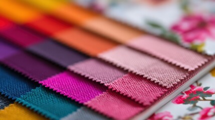 Wedding ceremony planning, A vibrant array of fabric swatches displayed alongside a floral patterned background, showcasing various colors and textures.