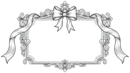Intricate monochrome ornamental frame with baroque flourishes and detailed scrollwork, featuring a large satin bow centered at the top, accented by flowing, isolated on transparent background.