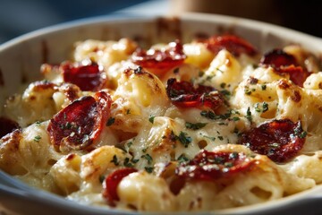 Homemade baked Macaroni and Cheese with crispy spicy pepperoni, creamy pasta, and golden, bubbling cheese crust, garnished with fresh herbs in rustic bowl.